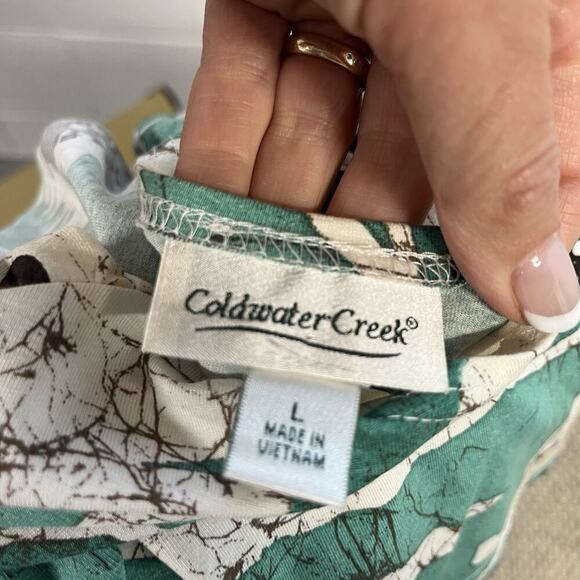 Coldwater Creek Blouse Top size Large Green Tan Floral Tropical Jersey Stretch - Picture 6 of 6